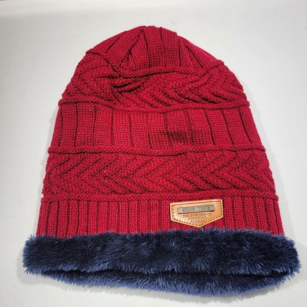 SONG TING Hat Beanie Knit Mens One Size Red Fleece Lined Thermal Winter Warm
